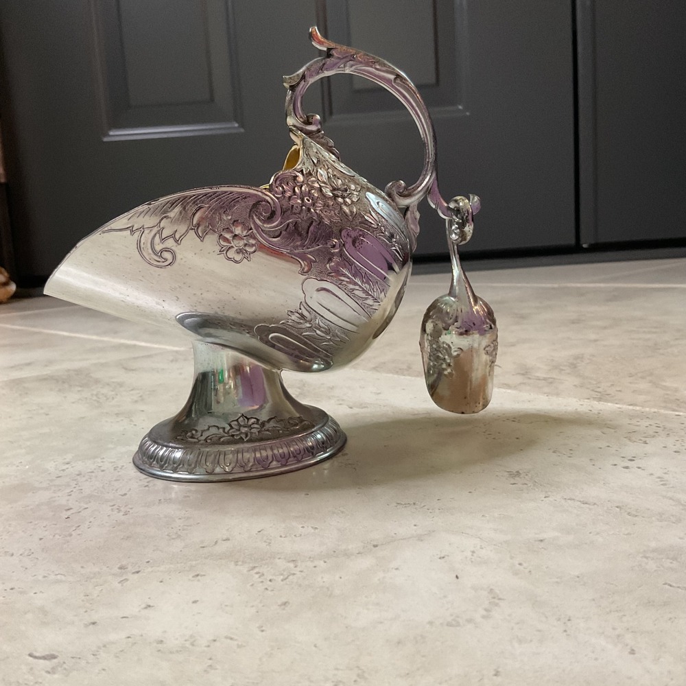 Vintage Silver Plated Sugar Scuttle with Scoop Gold Wash Interior Floral Japan